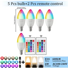 1-10PCS E14 촛불 LED 전구 RGB 24 키 원격 제어 디 밍이 가능한 6W AC220V 침실 램프에 대 다채로운 변경, 05 5PCS, 01 AC100-240V, 01 RGB 4000K
