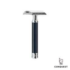 CONQUEST 德國 MUHLE R101 經典刮鬍刀，開放式刀頭設計，三件式拆裝，黑色樹脂手柄，舒適刮鬍體驗, 1個, 1