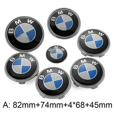 7개 세트 자동차 전면 엠블럼 후면 배지 휠 허브 캡 스티커 E90 E60 E61 E93 E87 E36 E46 E53 X1 X3 X5 X6, 16 D-74 82mm