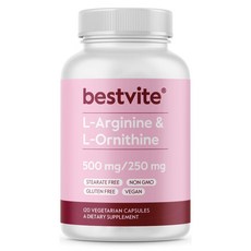 BESTVITE L-아르기닌 L-오르니틴 500-250 (채식주의자 캡슐 120개) - 스테아레이트 없음 - 필러 없음 - 비건 - GMO 프리 - 글루텐 프리 - 규산 칼슘, 1개, 120정