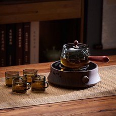 玻璃側把泡茶壺 旋轉逍遙壺 煮茶器 耐高溫 小青柑專用, 1個, 壶800（荷花透）+木纹炉+4直杯