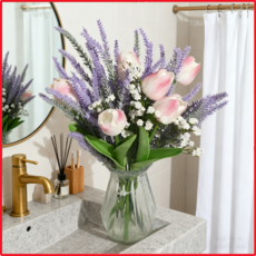 에이치엠데코 튤립 조화 부케 라벤더 안개꽃 조합 웨딩 꽃다발, 핑크, 1개