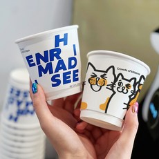嗨購 一次性喵星人咖啡紙杯貓貓奶茶熱飲杯外賣打包雙層加厚防燙帶蓋, 1個, 280ml藍色英文紙,10只