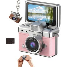 미니 디지털 카메라 열쇠고리 1.47인치 LCD 화면 1080P 2026년 신형 레트로 카메라 CCD 목걸이 포함 내장 플래시 64GB TF 카드 포함 여행 파티용 (핑, 핑크