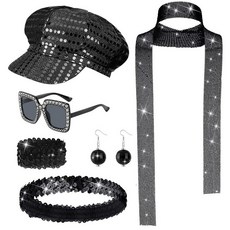 6피스 70년대 디스코 액세서리 여성용 코스튬 세트 스파크 모자 스팽글 스카프 머리띠 팔찌 선글라스 귀걸이 레트로 파티 블랙 165024