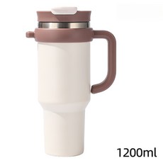 신형 내외부 304 스테인리스 스틸 40oz 듀얼 드링크 아이스컵 누수 방지 접이식 빨대 뚜껑 차량용 컵, 크림 화이트-손잡이형, 40온스/1200ml