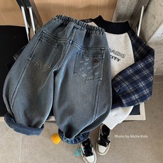 木野兒童鼕季加絨牛仔褲男童韓版百搭加厚休閒褲寶寶寬鬆長褲童裝