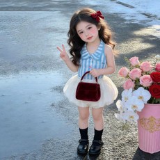 韓版女童夏季可愛藍色豎條紋背心與蓬蓬花苞短褲套裝