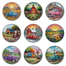ANATTASOUL 컵받침 9개 세트 일본 스타일 풍경 패턴 다채로운 나무 벌크 라운드 집들이 선물 새 집을 위한 9.9cm(3.9인치) 장식용 커피 테이블 보호 농가 바, 스테인드 글라스 농장
