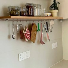 廚具置物架 不銹鋼掛鉤桿 鍋鏟菜刀儲物架, 1個, 單層長40cm 實心不銹鋼掛鉤8枚,胡桃木色置物板-寬15cm