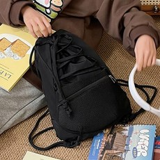 메쉬 포켓 포인트 유니크 스트링 복조리 감성 여성 데일리 백팩, 블랙