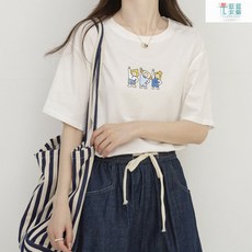 【廷選】卡通印花 2025新款・韓系・學生穿搭・夏季半袖・可愛風・圓領短袖・IG穿搭・甜美系女孩・校園穿搭, 1個, 藍綠色,L