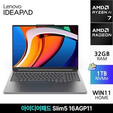 레노버 2026 아이디어패드 슬림 5 16AGP11 라이젠 AI 라이젠 AI 400 시리즈, Luna Grey, 83S2003LKR, 1TB, 32GB, WIN11 Home