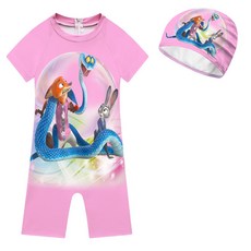 瘋狂動物城卡通印花兒童連體泳衣泳帽套裝