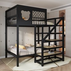 아동벙커침대 책상 프레임 상하의 옷장 이층침대 서랍장 원룸 계단 고저침대 위아래, 1000mmx2000mm, 검은색 이층침대 오른쪽 앞 사다리