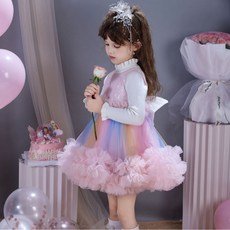 女童公主裙彩虹連衣裙爆款蓬蓬裙週歲生日禮服紗裙秋季套裝潮
