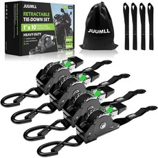 JUUMLL 리트랙터블 래칫 스트랩4팩 인치 x 0피트 650파운드 브레이크 강도 화물 오토바이 ATV UTV 카약 및 운송용 대형 자동차 리트랙터 다운 스트랩블랙, Black