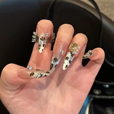 聖誕節爆款穿戴甲草莓塗鴉手工美甲甲片成品30片穿戴式辣妹指甲片, 1個, BY1758雪月斑紋:手工甲M碼#10片/袋