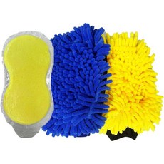 3PCS 세차 세트 2팩 코랄 플리스 샤닐 장갑 부드러운 스펀지 1개 | 습식/건식용 양면 자동차 및 가정 청소 주방 사무실 욕실 자전거 전기 블루 노란색, Yellow+blue