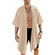COOFANDY 남성용 러플 숄 칼라 경량 카디건 롱 기모노 재킷 오픈 프론트 드레이프 케이프 코트 베이지. S 161331