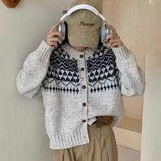 Asure 여자 빈티지 라운드넥 노르딕 패턴 스웨터 니트 가디건