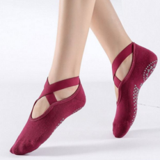 필라테스 양말 여성 피트니스 부드러운 요가 양말 스트랩 수련용 밴드형 저자극 스포츠 미끄럼 운동용, 와인