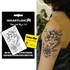 INKARTLINK 반영구적인 문신 창의적 파티 동물 타투 정교하고 사실적인 디자인 재미있는 타투 경험 제공 무반사 및 방수 (꽃무늬 사자 타투), 꽃무늬 사자 타투