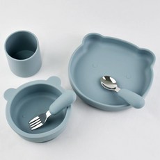 寶寶矽膠餐具套裝 幼兒輔食碗盤 316不鏽鋼叉勺 學飲杯 5件套, 灰藍色, 1個, 小熊碗盤,直柄叉勺,直筒杯5件套