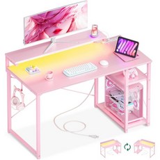 AODK 게이밍 책상 컴퓨터 랙 & 콘센트 포함 39.4인치(100cm) 데스크탑 PC 모니터 스탠드 및 LED 조명 좌우 교체 가능 카본 스타일 블랙, 100*50*75.7cm, Carbonated Pink