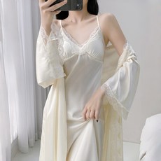 長款女春夏季薄款滌綸睡衣吊帶性感睡裙加長蕾絲睡袍兩件套裝