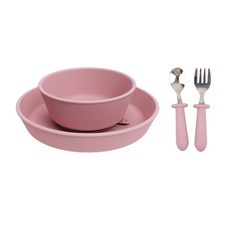 兒童矽膠手柄餐具組 寶寶輔食叉勺餐盤組, 薔薇色, 1個, 叉勺餐盤