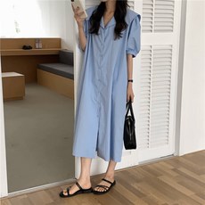 여성 데일리 세일러 카라 원피스 빅사이즈 하객룩 드레스 롱원피스 퍼프소매 루즈핏 임부복 버튼원피스 반팔원피스