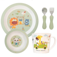 MARCUS&MARCUS 兒童餐具組 可愛動物造型 安全無毒 寶寶學習餐具, 動物樂園環保兒童餐具5件組-露營趣, 1套