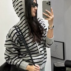 투니스 여성 루즈핏 스트라이프 후드 긴소매 니트 가디건