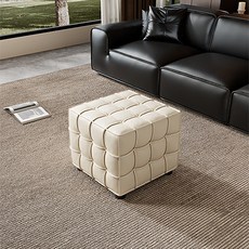 HAYIYA 로렌스 스타일 격자 패턴 진가죽 정사각 스툴 | 다용도 미니 1인 화장대 신발장 거실 보조의자, 1개, 화이트 둥근 다리