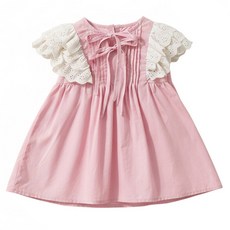 2026夏季女童韓版洋氣甜美粉色連衣裙童裝女寶寶飛飛袖蕾絲公主裙