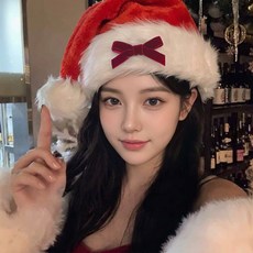 크리스마스 산타햇 여성용 귀여운 체리 리본 모임 홈파티 인스타 감성 소품, 1개, 레드 리본