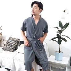春秋薄款華夫格睡袍 寬鬆男女通用浴袍