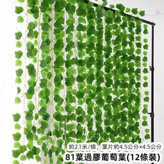 優選樂購 仿真藤條 綠蘿葉裝飾 綠藤藤蔓 假樹葉 塑膠花藤 水管道遮擋 空調遮擋 仿真綠葉花, 81葉過膠葡萄葉12條, 1個