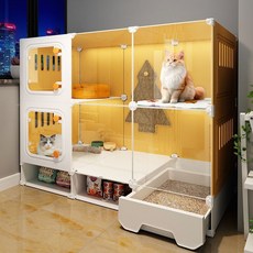 雙層大空間貓別墅 貓籠 多功能貓屋 帶抽屜式貓砂盆一體 貓別墅 家用室內超大自由空間 免工具安裝 好收納 舒適透氣, 1個, 大單層【106*46*53】小貓推薦白,透明貓別墅:貓別墅+貓砂盆送鏟+多層送梯