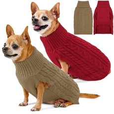 KCFESTIHUE 소형견용 2팩 강아지 스웨터 터틀넥 풀오버 케이블 니트 강아지 스트레치 의류 치와와 요키 포메라니안 장난감 푸들 남아 여아 애완 동물 겨울 강아지 옷 (S, 레드 & 브라운