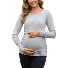 DEBELLY 임산부 긴소매 셔츠 플리츠 크루넥 임산부 상의 여성용 사이드 주름 장식 작업 라운지 다크 그레이. L, 다크 그레이