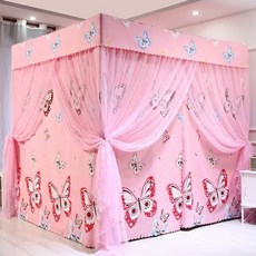 침대 암막 캐노피 공주풍 핑크 가림막 사각 체크 커튼 설치 1.2mx2.0mx1.95m 인, T. 핑크 나비