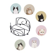 귀여운 고양이 티 코스터 규조토 컵받침 + 보관 트레이 세트, 세트 A (채색 배경), 6개