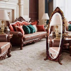 【豆腐妹的窩】破損補寄新品立體鏡子全身落地鏡女生臥室宿舍家用雕花歐式復古led穿衣試衣鏡, 紅木描金+LED燈鏡