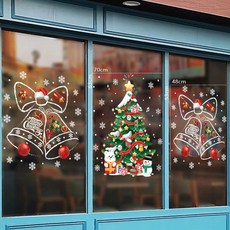 聖誕節佈置 聖誕玻璃貼 節日裝飾 聖誕靜電貼 窗花 雪花貼紙 店鋪櫥窗裝飾, 聖誕樹+聖誕節鈴鐺二套