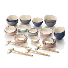 Crownford Nobility 家庭餐具 4 件套, 藍色+灰色+天藍色+黃色+粉紅色, 飯碗 4個+湯碗 4個+餐盤(大) 4個+餐盤(中) 4個+餐盤(小) 4個+筷子架 4個+筷子 4雙