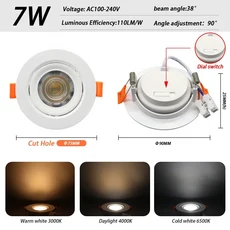 거실 등 3 색 디밍 내장 LED 천장 스포트라이트 AC 220V 110V 각도 조절 다운라이트 7W 770lm 홈 데코 개, White round short