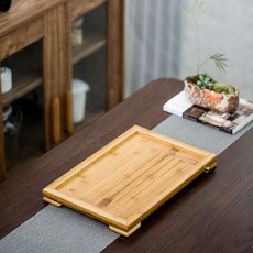 天然竹製 排水茶盤 功夫茶具 瀝水茶海 乾泡臺 家用簡約茶托 平板託盤 排水管設計, 1個, 本色 小平板 36 x 24 x 3cm
