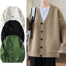 男款開衫針織外套 - 韓版潮流純色彈力休閒修身長袖